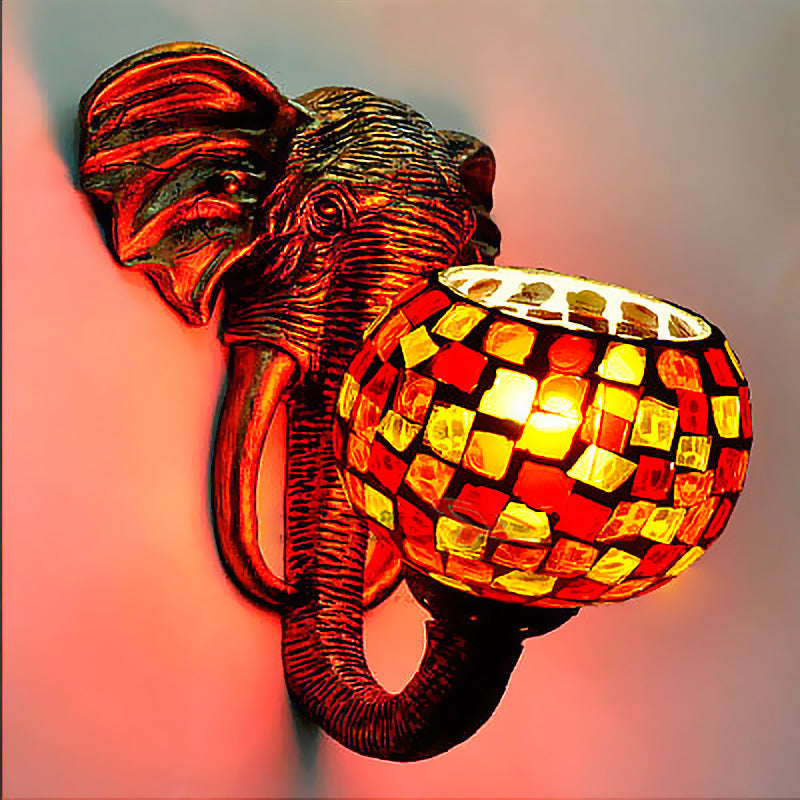 Globe Wall Mounted Light 1 Light Hand Cut Glass Baroque Sconce in Red/Yellow/Blue with Elephant Deco for Outdoor