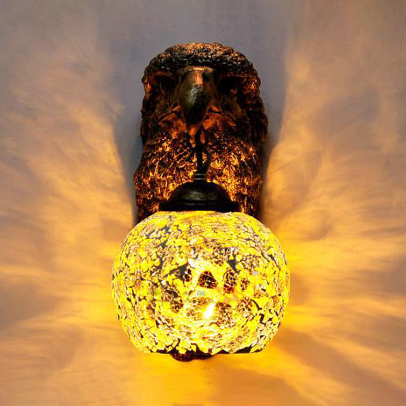 Cut Glass Silver/Beige/Red Wall Mount Lighting Owl Head 1 Light Mediterranean Sconce for Balcony