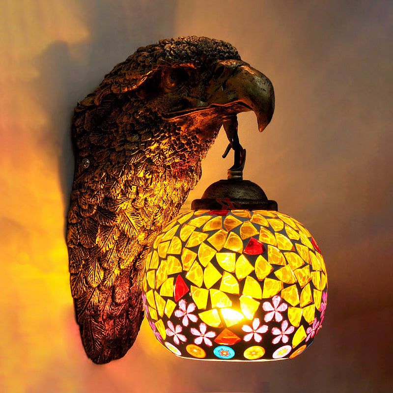 Cut Glass Silver/Beige/Red Wall Mount Lighting Owl Head 1 Light Mediterranean Sconce for Balcony
