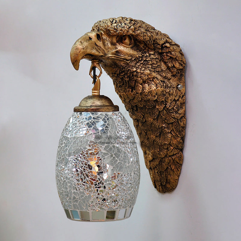 Cut Glass Silver/Beige/Red Wall Mount Lighting Owl Head 1 Light Mediterranean Sconce for Balcony