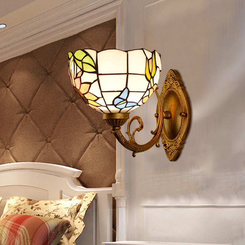 Grape/Blossom Vanity Lighting Fixture 1 Light Stained Art Glass Victorian Sconce Light in Brass for Bathroom