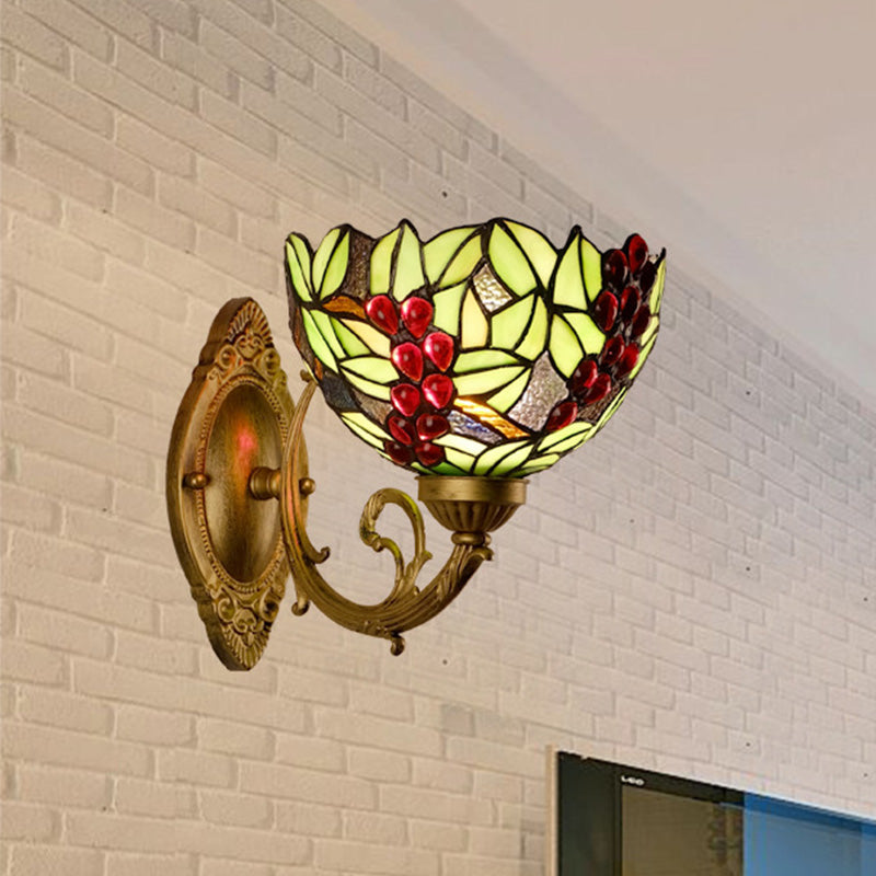 Grape/Blossom Vanity Lighting Fixture 1 Light Stained Art Glass Victorian Sconce Light in Brass for Bathroom