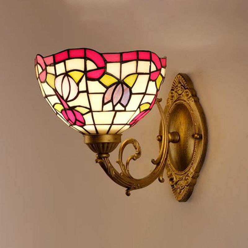 Grape/Blossom Vanity Lighting Fixture 1 Light Stained Art Glass Victorian Sconce Light in Brass for Bathroom