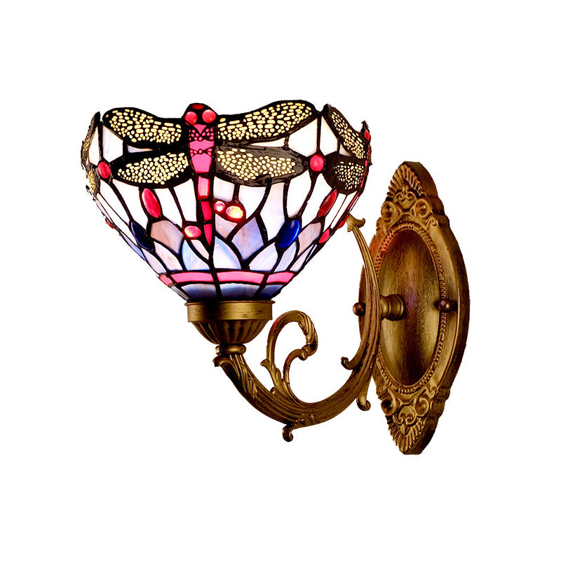 Brass Dragonfly Wall Mount Lamp Tiffany 1 Light Hand Cut Glass Sconce Light with Curving Arm