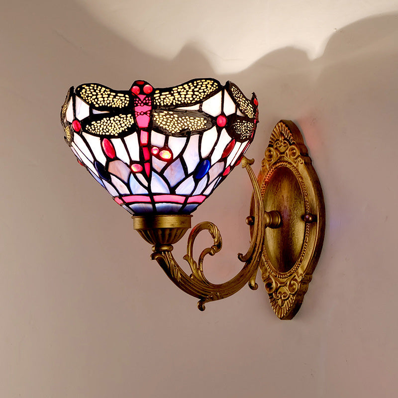 Brass Dragonfly Wall Mount Lamp Tiffany 1 Light Hand Cut Glass Sconce Light with Curving Arm
