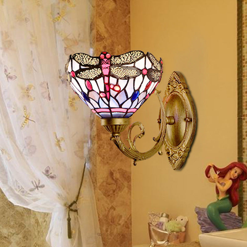 Brass Dragonfly Wall Mount Lamp Tiffany 1 Light Hand Cut Glass Sconce Light with Curving Arm
