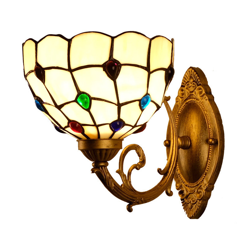 1 Light Bathroom Vanity Lamp Mediterranean Brass Sconce Light Fixture with Beaded White Glass Shade