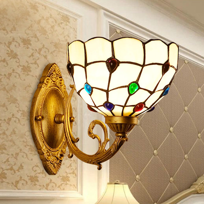 1 Light Bathroom Vanity Lamp Mediterranean Brass Sconce Light Fixture with Beaded White Glass Shade