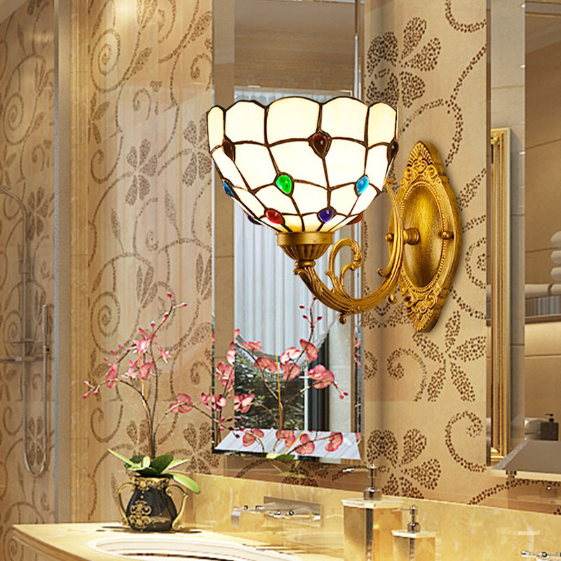 1 Light Bathroom Vanity Lamp Mediterranean Brass Sconce Light Fixture with Beaded White Glass Shade