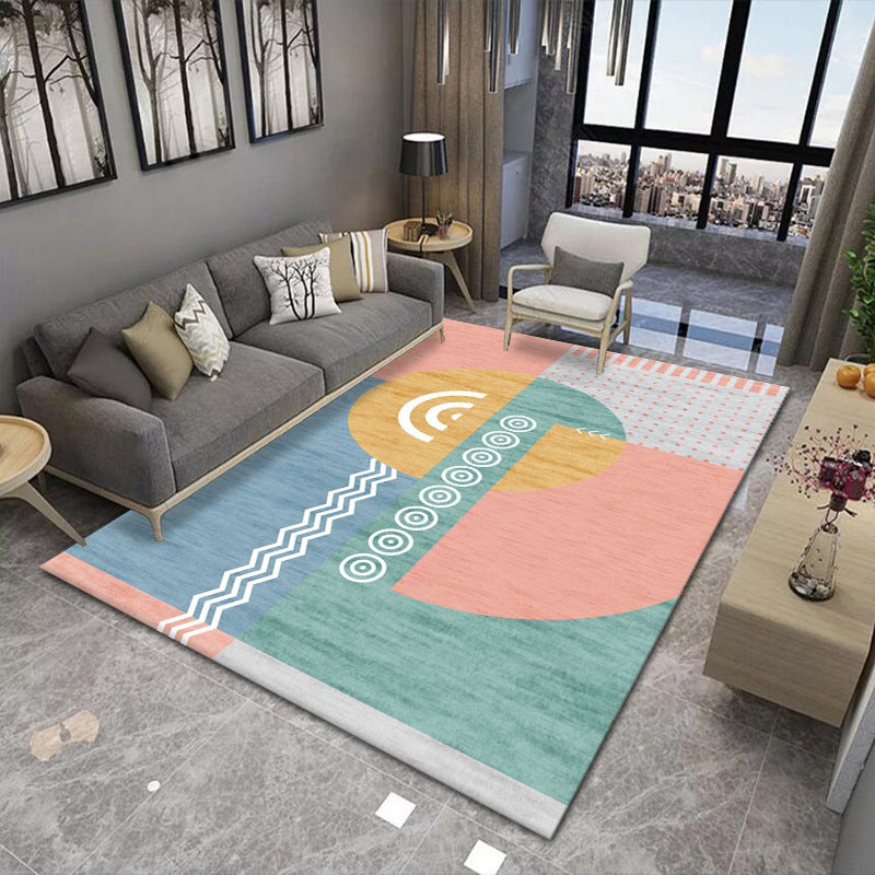 Multicolor Indoor Area Rug Geometric Lines Polyester Carpet Anti-Slip Rug for Living Room