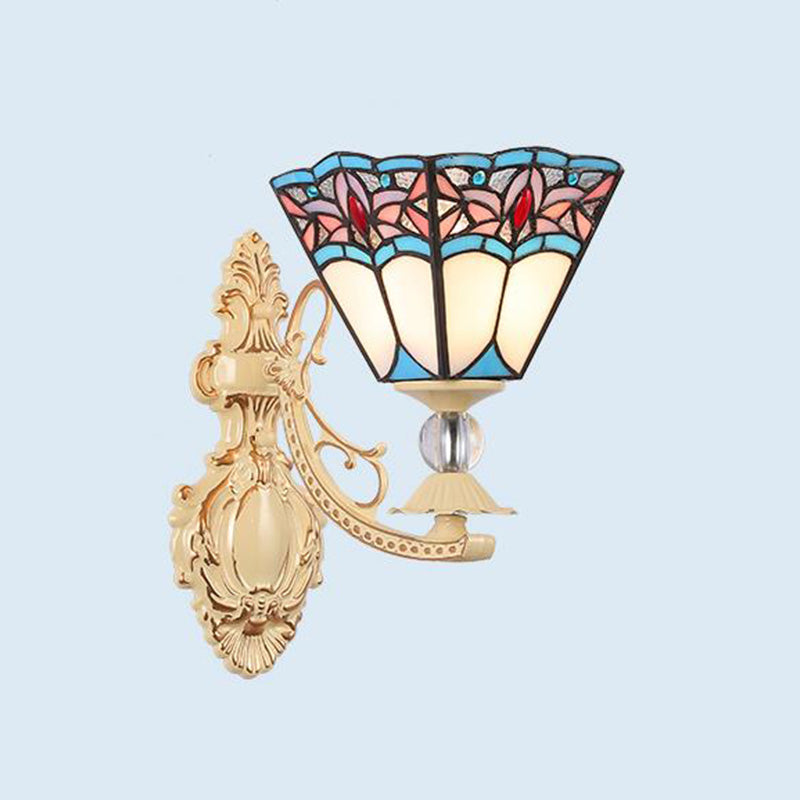 Tiffany Blossom Wall Mount Lighting 1 Light Hand Cut Glass Sconce Light Fixture in White/Orange/Pink for Corridor