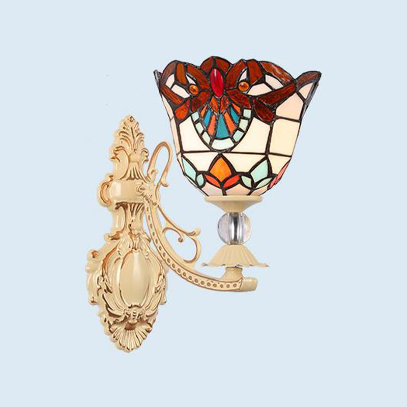 Cut Glass White/Red/Pink Sconce Light Cone/Flower/Dome 1 Light Mediterranean Wall Mounted Lamp for Outdoor