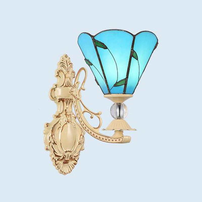 Cut Glass White/Red/Pink Sconce Light Cone/Flower/Dome 1 Light Mediterranean Wall Mounted Lamp for Outdoor