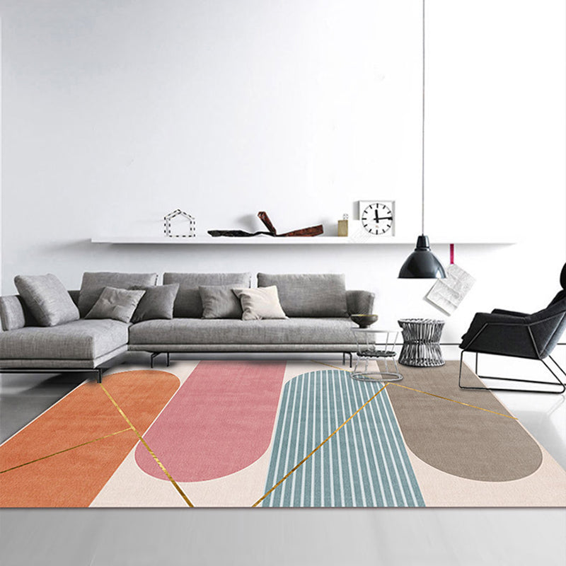 Pink Color-Blocked Rug Polyester Modern Carpet Non-Slip Backing Area Rug for Home Decor