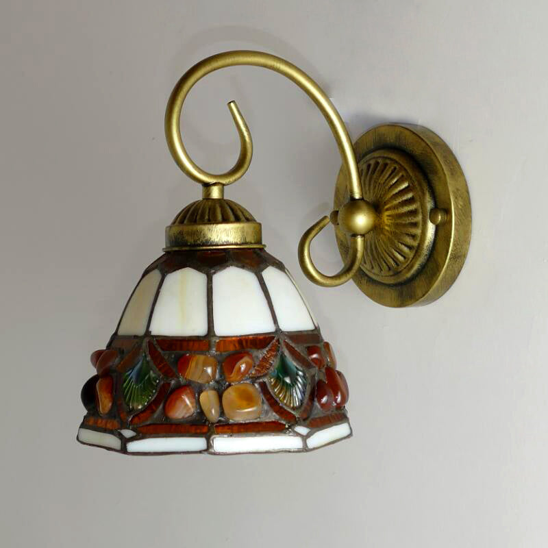 Dome Wall Lighting Idea Tiffany Stained/Beige/Green Stained Glass 1 Light White/Brass Sconce Light Fixture with Stone Deco
