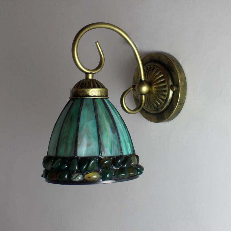 Dome Wall Lighting Idea Tiffany Stained/Beige/Green Stained Glass 1 Light White/Brass Sconce Light Fixture with Stone Deco