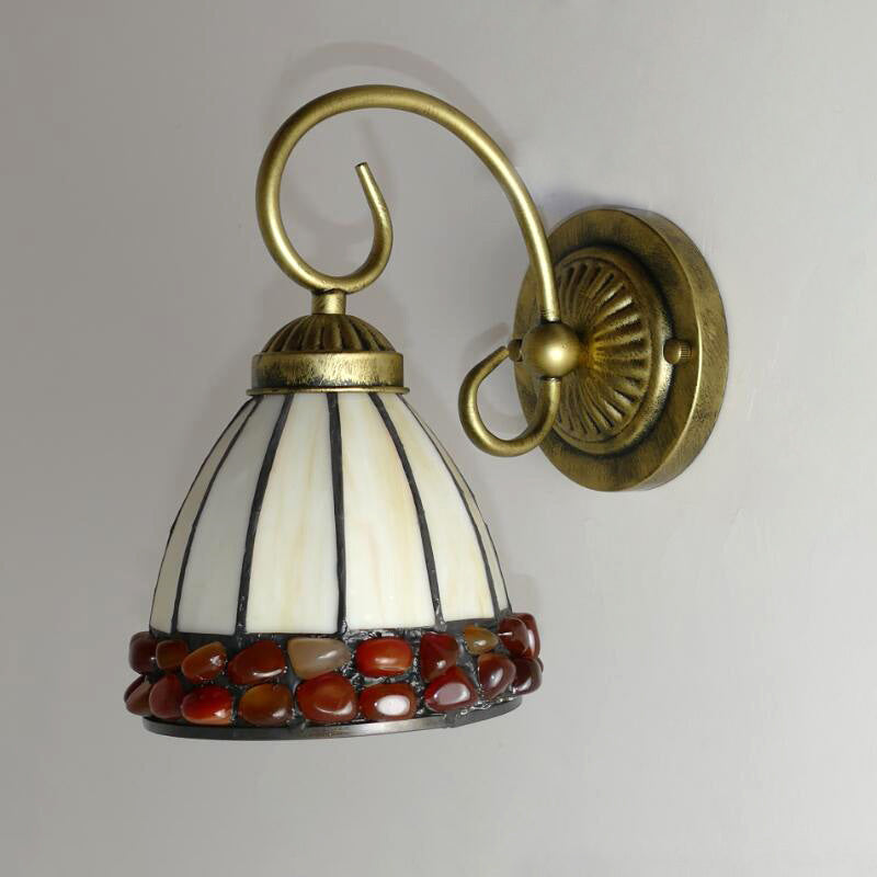 Dome Wall Lighting Idea Tiffany Stained/Beige/Green Stained Glass 1 Light White/Brass Sconce Light Fixture with Stone Deco