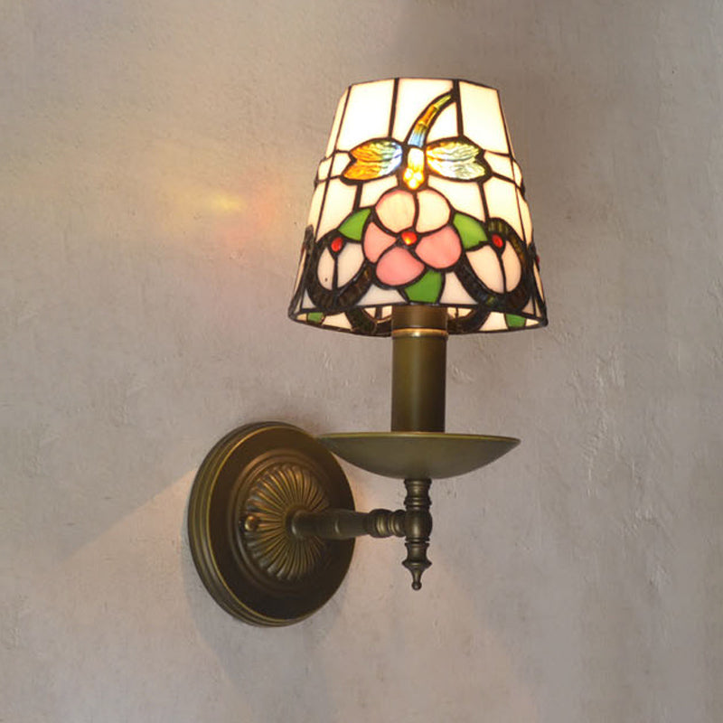 Tiffany Grid Patterned Wall Lighting Fixture 1 Light Hand Cut Glass Sconce Light in Orange/Blue/Green