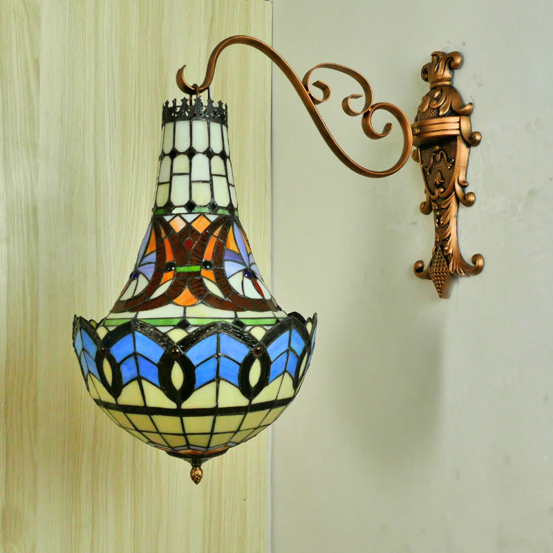 3 Lights Wall Light Fixture Mediterranean Flower Stained Glass Sconce in Beige/Yellow/Orange for Living Room