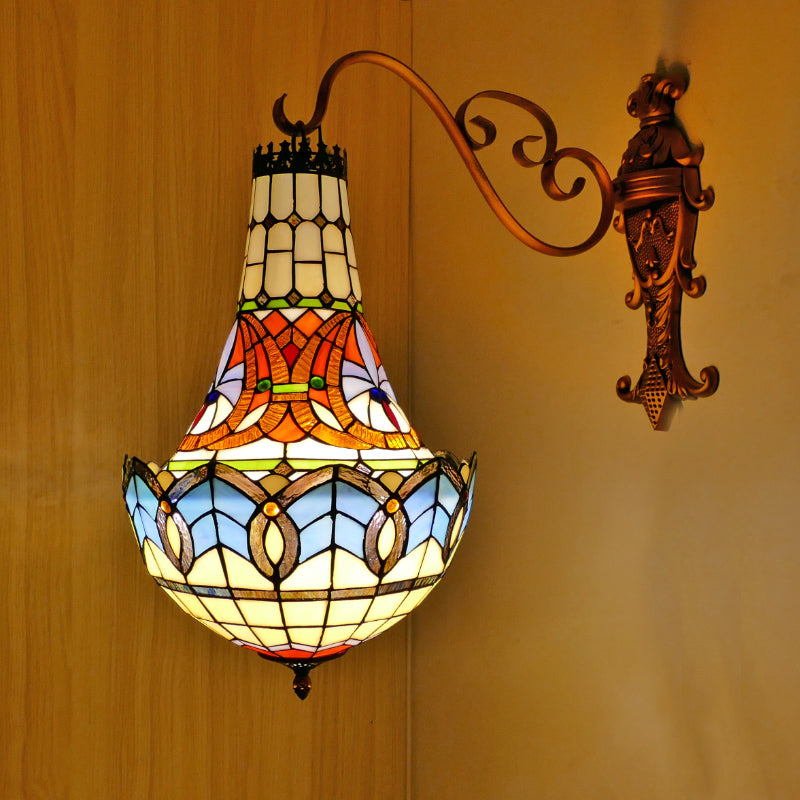 3 Lights Wall Light Fixture Mediterranean Flower Stained Glass Sconce in Beige/Yellow/Orange for Living Room