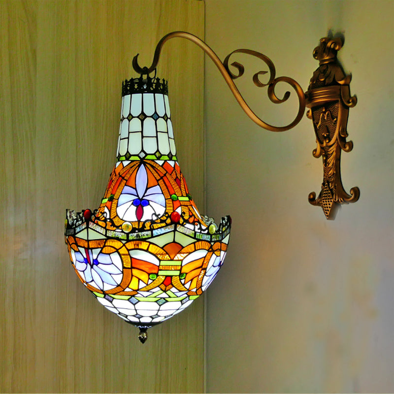 3 Lights Wall Light Fixture Mediterranean Flower Stained Glass Sconce in Beige/Yellow/Orange for Living Room