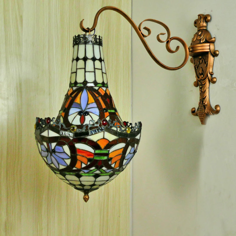 3 Lights Wall Light Fixture Mediterranean Flower Stained Glass Sconce in Beige/Yellow/Orange for Living Room