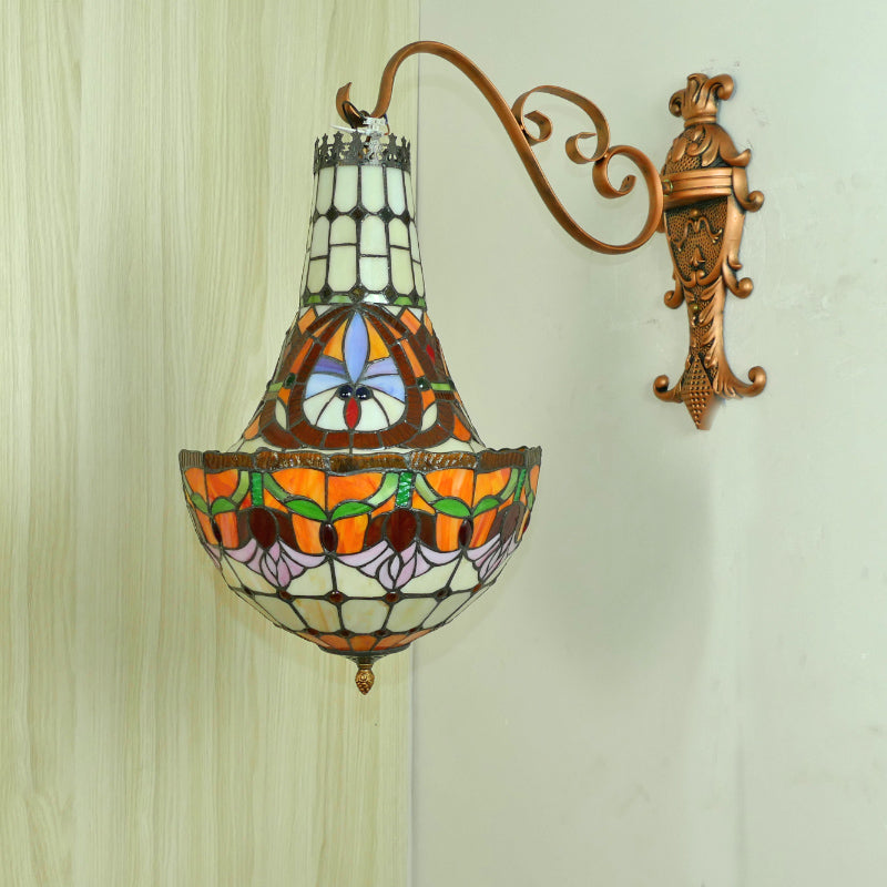 3 Lights Wall Light Fixture Mediterranean Flower Stained Glass Sconce in Beige/Yellow/Orange for Living Room