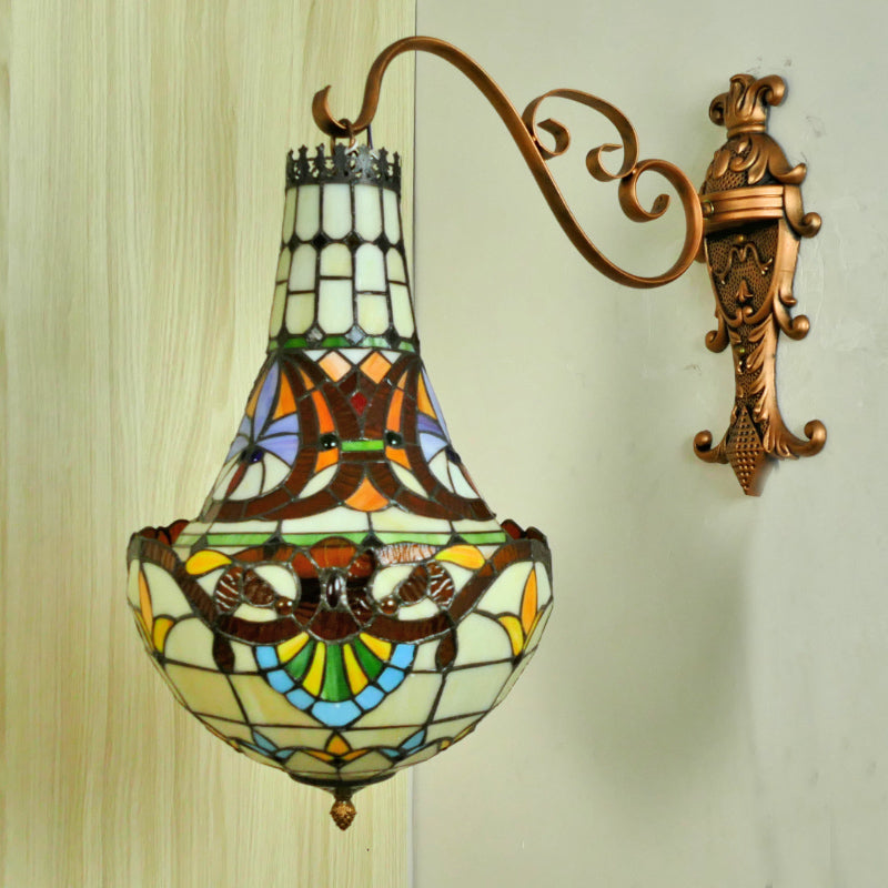 3 Lights Wall Light Fixture Mediterranean Flower Stained Glass Sconce in Beige/Yellow/Orange for Living Room