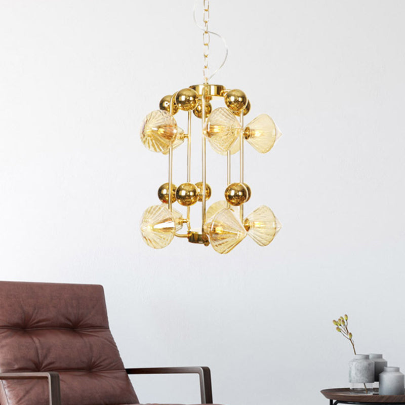 Tapered Hanging Chandelier Contemporary Amber Glass 10 Heads Living Room Ceiling Pendant Light