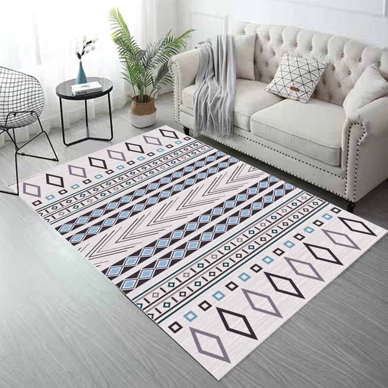 White Tone Living Room Carpet Boho Normatic Tribe Area Rug Polyester with Non-Slip Backing Rug