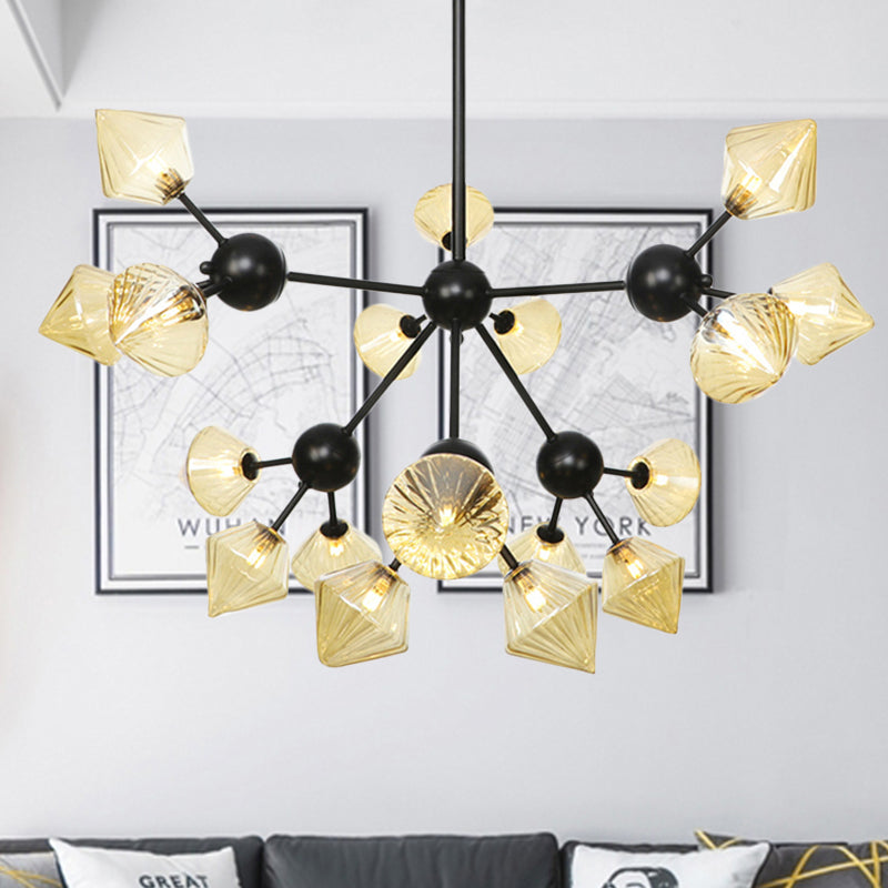 18 Heads Diamond Chandelier Lamp Modernism Amber Glass Hanging Pendant Light in Black