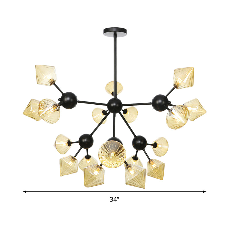 18 Heads Diamond Chandelier Lamp Modernism Amber Glass Hanging Pendant Light in Black