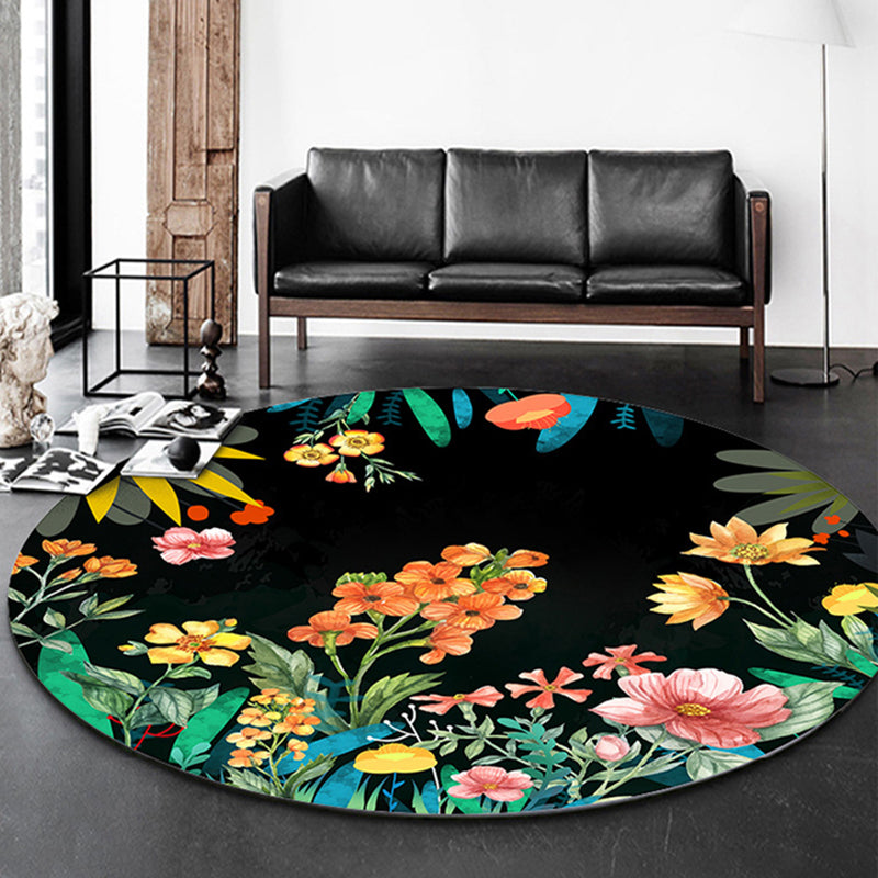 Multicolored Floral Printed Rug Contemporary Round Rug Non-Slip Backing Carpet for Home Decoration