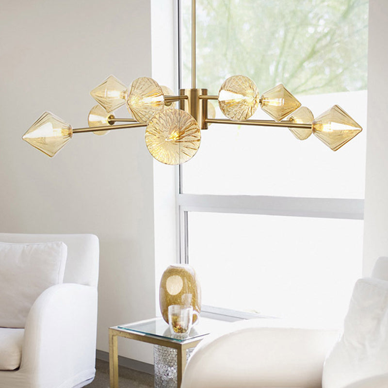 Diamond Chandelier Light Modern Amber Glass 12 Heads Bedroom Suspended Lighting Fixture