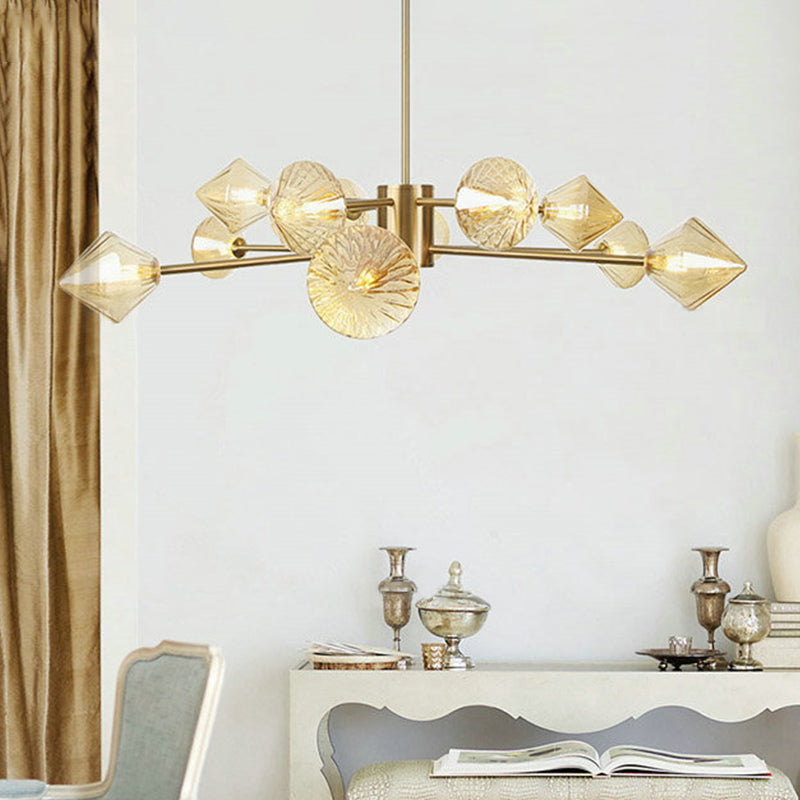 Diamond Chandelier Light Modern Amber Glass 12 Heads Bedroom Suspended Lighting Fixture