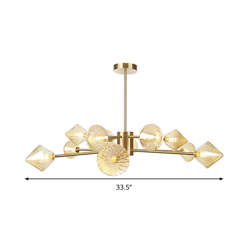 Diamond Chandelier Light Modern Amber Glass 12 Heads Bedroom Suspended Lighting Fixture