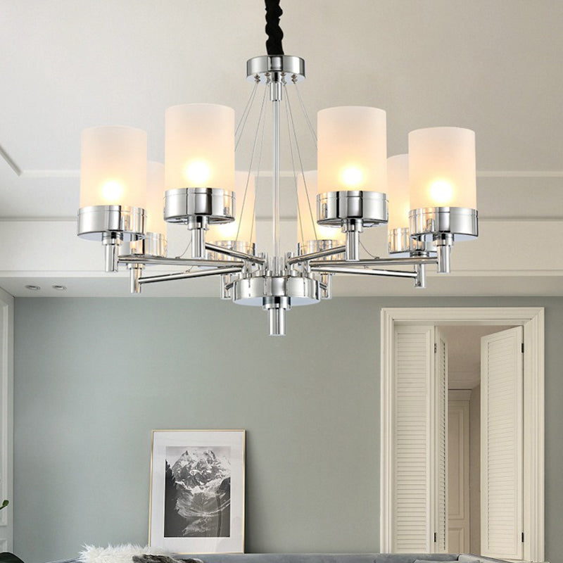 8 Heads Cylinder Hanging Chandelier Modernist Frosted Glass Pendant Light Fixture in Chrome