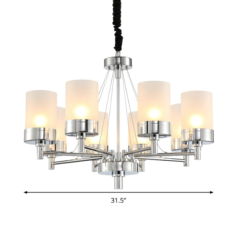 8 Heads Cylinder Hanging Chandelier Modernist Frosted Glass Pendant Light Fixture in Chrome