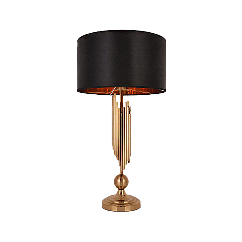 1 Light Drum Desk Lamp Traditional Black/White/Flaxen Fabric Task Lighting for Bedroom with Metal Base