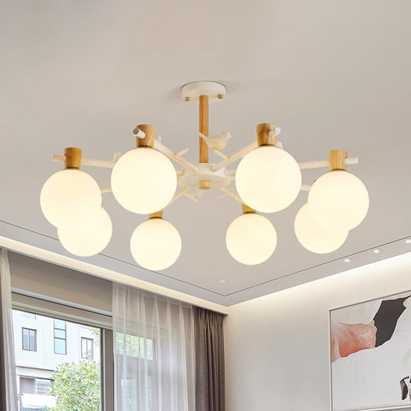 White Glass Sphere Hanging Chandelier Asian 6/8 Bulbs Pendant Lighting Fixture with Bird