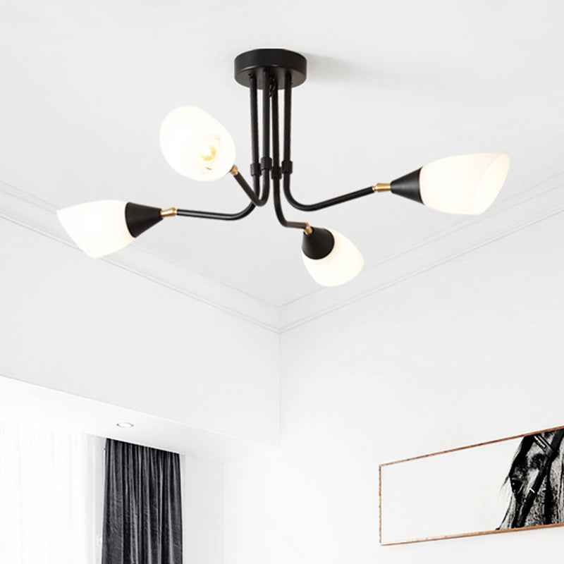 Modernism 4/6/8 Bulbs Ceiling Chandelier Black Flared Hanging Pendant Light with Milky Glass Shade