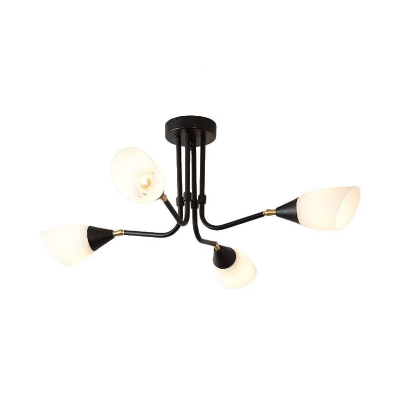 Modernism 4/6/8 Bulbs Ceiling Chandelier Black Flared Hanging Pendant Light with Milky Glass Shade