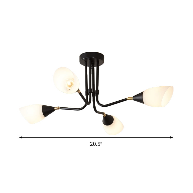 Modernism 4/6/8 Bulbs Ceiling Chandelier Black Flared Hanging Pendant Light with Milky Glass Shade