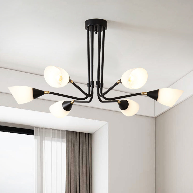 Modernism 4/6/8 Bulbs Ceiling Chandelier Black Flared Hanging Pendant Light with Milky Glass Shade