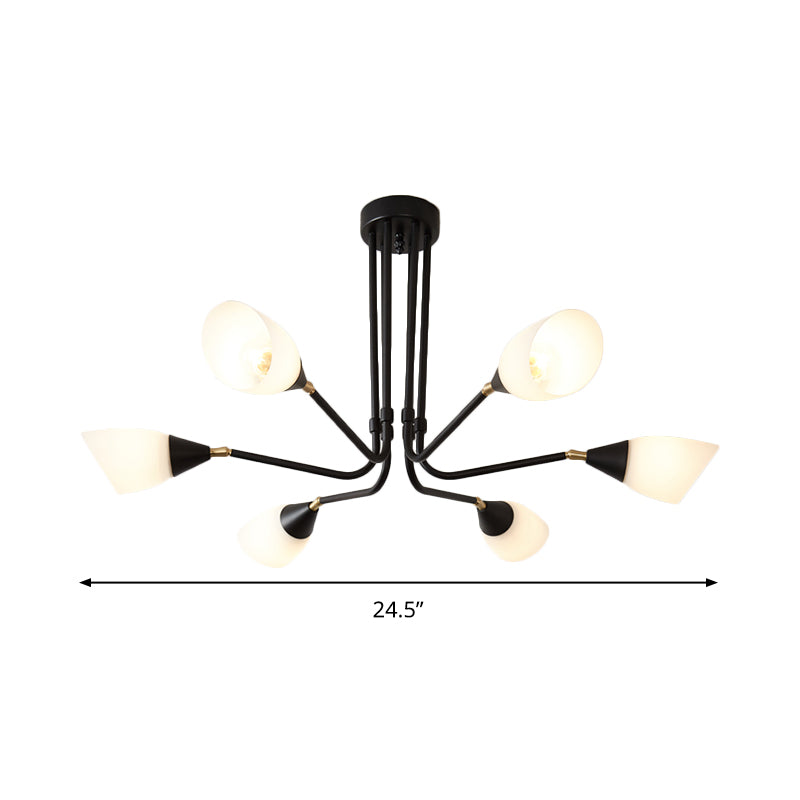 Modernism 4/6/8 Bulbs Ceiling Chandelier Black Flared Hanging Pendant Light with Milky Glass Shade
