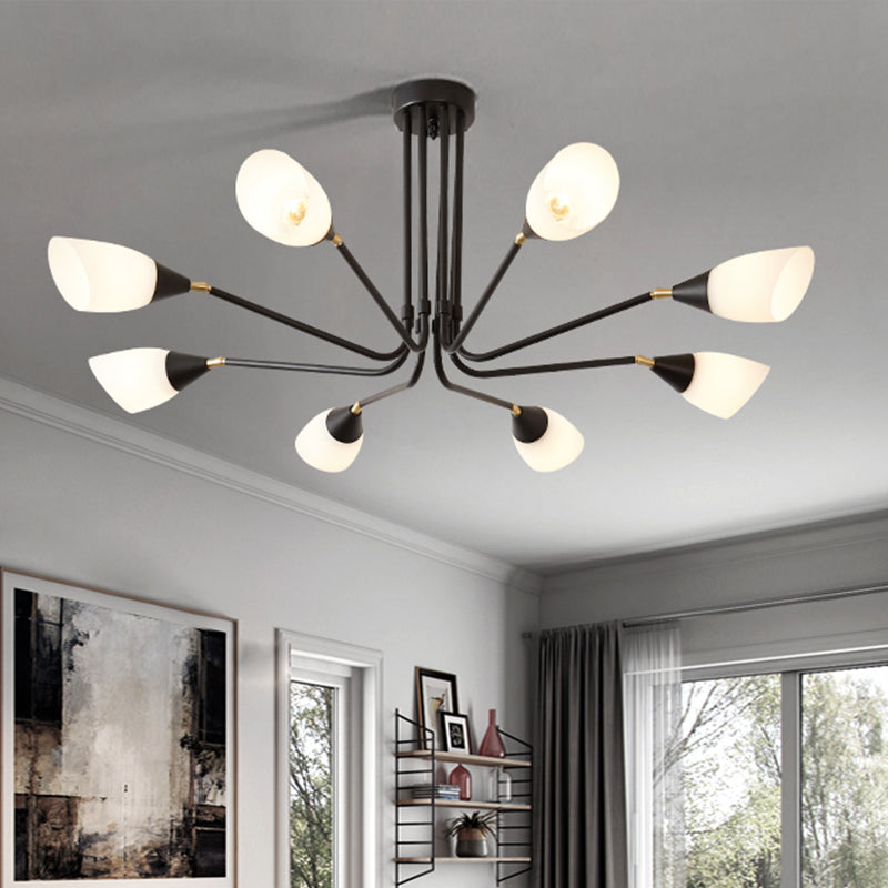 Modernism 4/6/8 Bulbs Ceiling Chandelier Black Flared Hanging Pendant Light with Milky Glass Shade