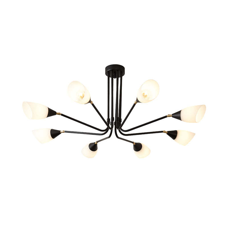 Modernism 4/6/8 Bulbs Ceiling Chandelier Black Flared Hanging Pendant Light with Milky Glass Shade