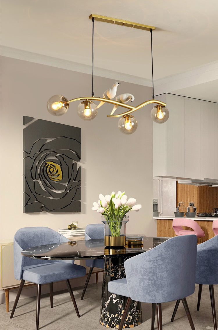 Glass Globe Island Light in Modern Singularity Wrought Iron Pendant Light with Resin Bird Decoration