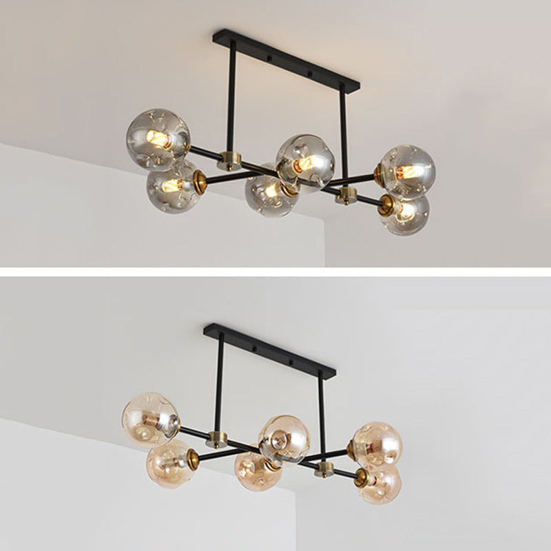 Luce di isola a 6 luci nere in moderno stile a sospensione in ferro battuto in stile creativo con tonalità di vetro