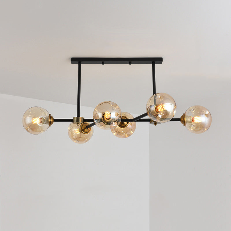 Luce di isola a 6 luci nere in moderno stile a sospensione in ferro battuto in stile creativo con tonalità di vetro